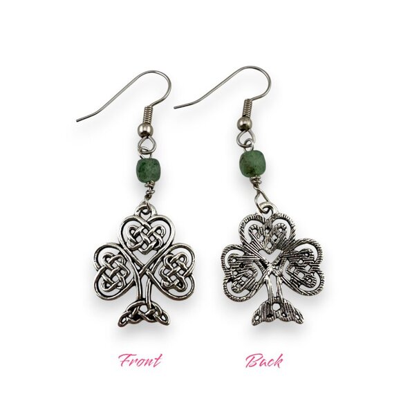 Silver Celtic Knot Earrings Green Aventurine Faceted Cube Gemstone - Picture 3 of 11